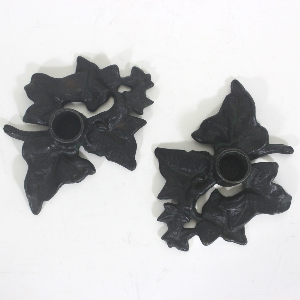 Vintage Black Cast Iron Ivy Leaf Candle Holders, a Pair